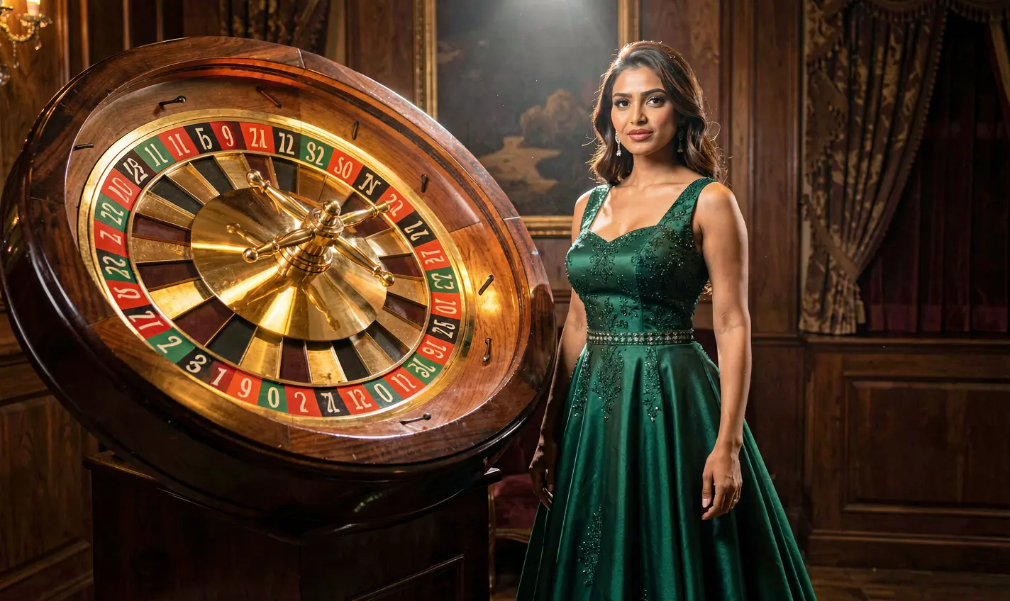 Elegant casino atmosphere with a glamorous woman in a green dress near a roulette wheel highlighting the premium gaming experience at 288BD casino for Bangladesh
