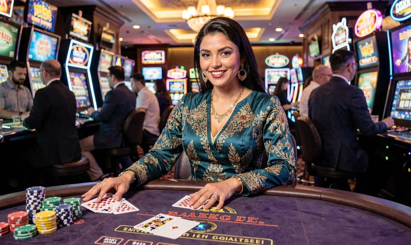 288BD – Join immersive live casino tables designed for Bangladeshi players Elegant live casino dealer standing at a glowing gaming table with stacked chips and a dark background representing the premium 288BD casino experience in Bangladesh
