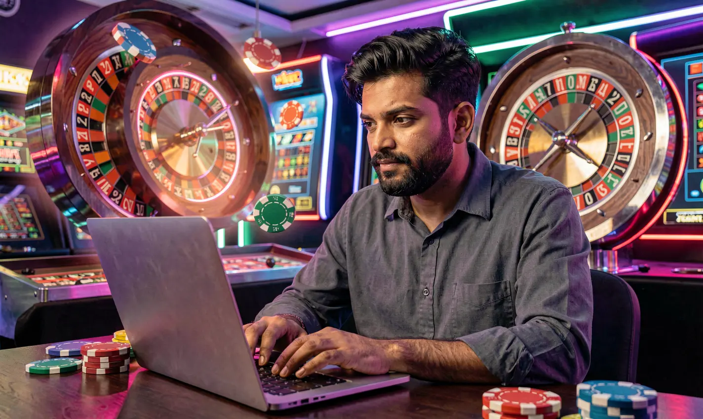 Confident Bangladeshi gamer playing online casino games on a laptop with glowing roulette wheels and chips highlighting immersive gameplay on 288BD