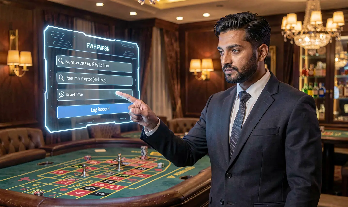 Stylish Bangladeshi casino dealer pointing at a futuristic holographic login panel with a glowing roulette table behind him symbolizing advanced security at 288BD