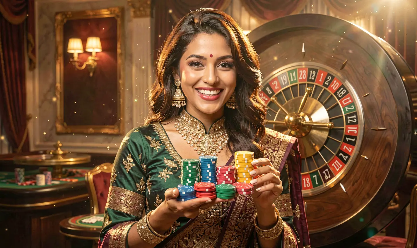 বাংলাদেশে খেলোয়াড়দের জন্য 288BD-এ প্রিমিয়াম গেমিং পরিবেশ তৈরি করতে উড়ন্ত চিপসসহ উজ্জ্বল রুলেট চাকার সামনে ঝলমলে পোশাকে মার্জিত ক্যাসিনো নারী 288BD – বাংলাদেশে বাস্তব উত্তেজনার সঙ্গে প্রিমিয়াম ক্যাসিনো গেমিং উপভোগ করুন